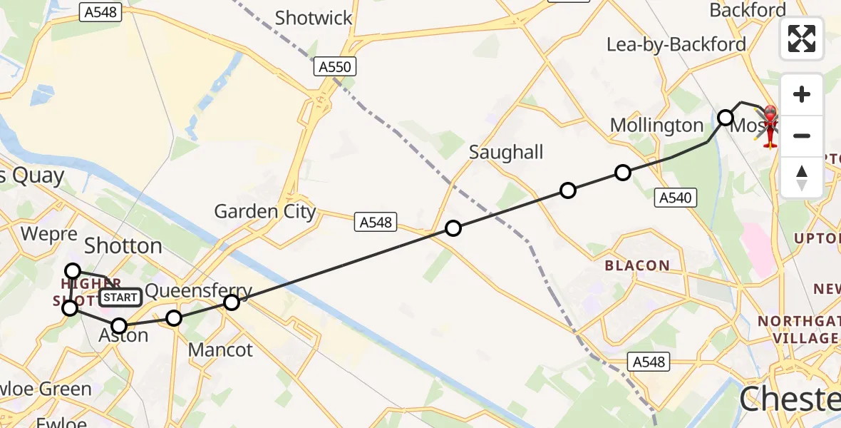 Flight route Air Ambulance Helicopter Shotton - Moston, 13 September 2026, 18:09