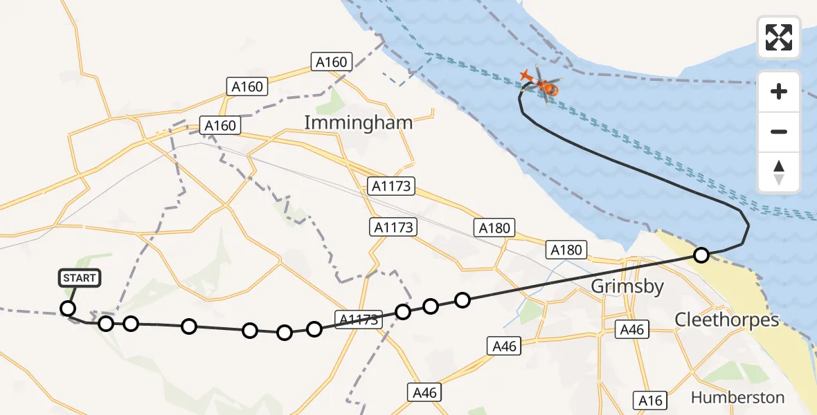 Flight route Coastguard Helicopter Humberside Airport - North Sea, 13 September 2026, 18:34