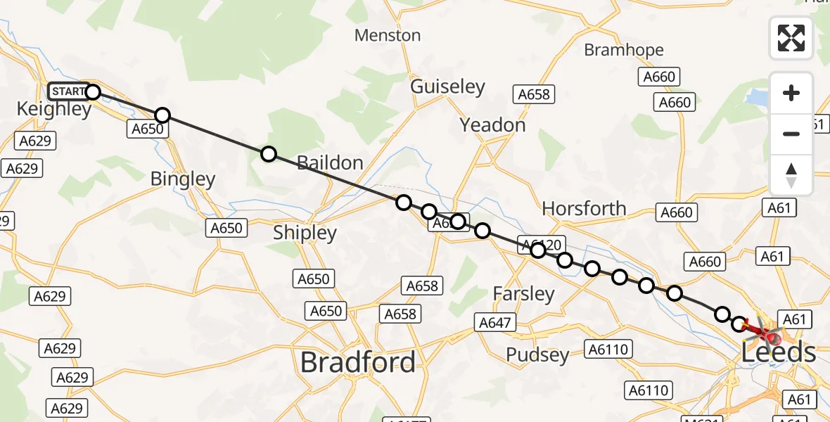 Flight route Air Ambulance Helicopter Keighley - Burley, 13 September 2026, 18:34