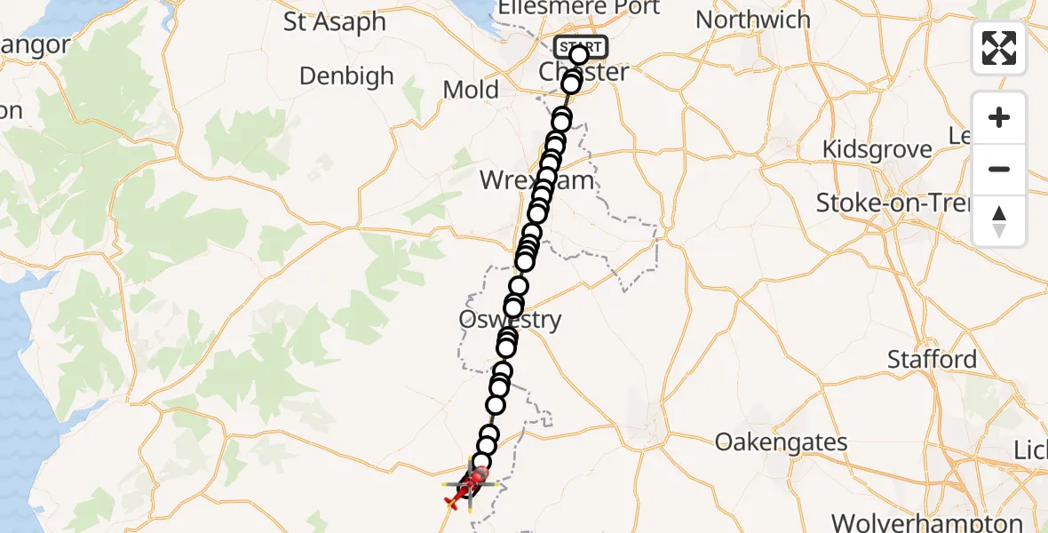 Flight route Air Ambulance Helicopter Moston - Welshpool Airport, 13 September 2026, 18:46