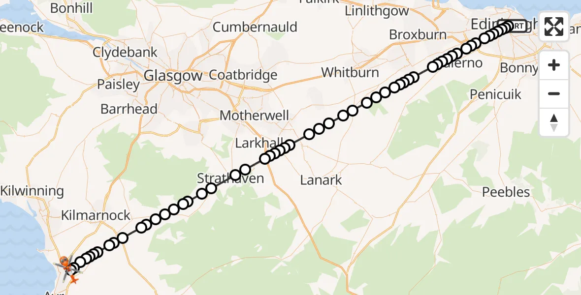 Flight route Coastguard Helicopter Holyrood Palace temp landing site - Glasgow Prestwick Airport, 13 September 2026, 18:46