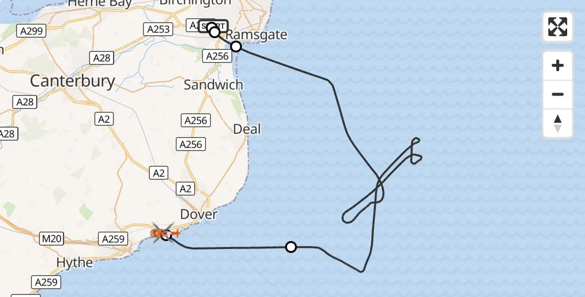 Flight route Coastguard Helicopter Manston Airport - Dover, 13 September 2026, 19:02