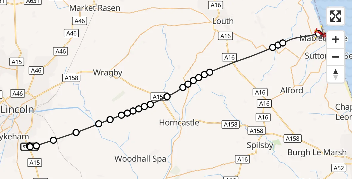 Flight route Air Ambulance Helicopter RAF Waddington - Mablethorpe, 13 September 2026, 19:09