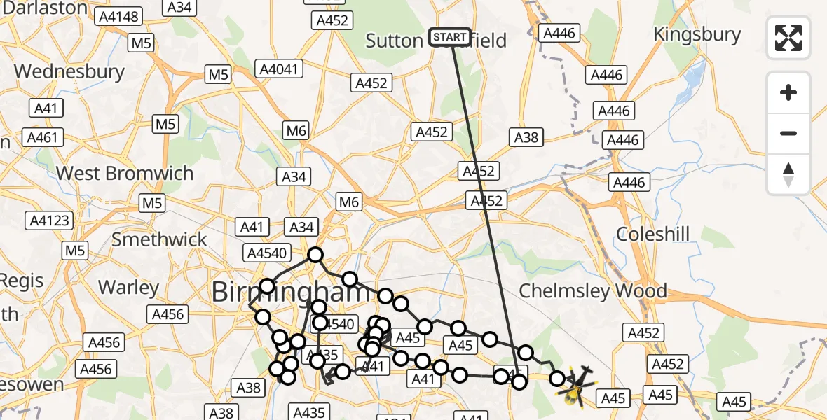Flight route Police Helicopter Sutton Coldfield - Solihull, 13 September 2026, 19:19