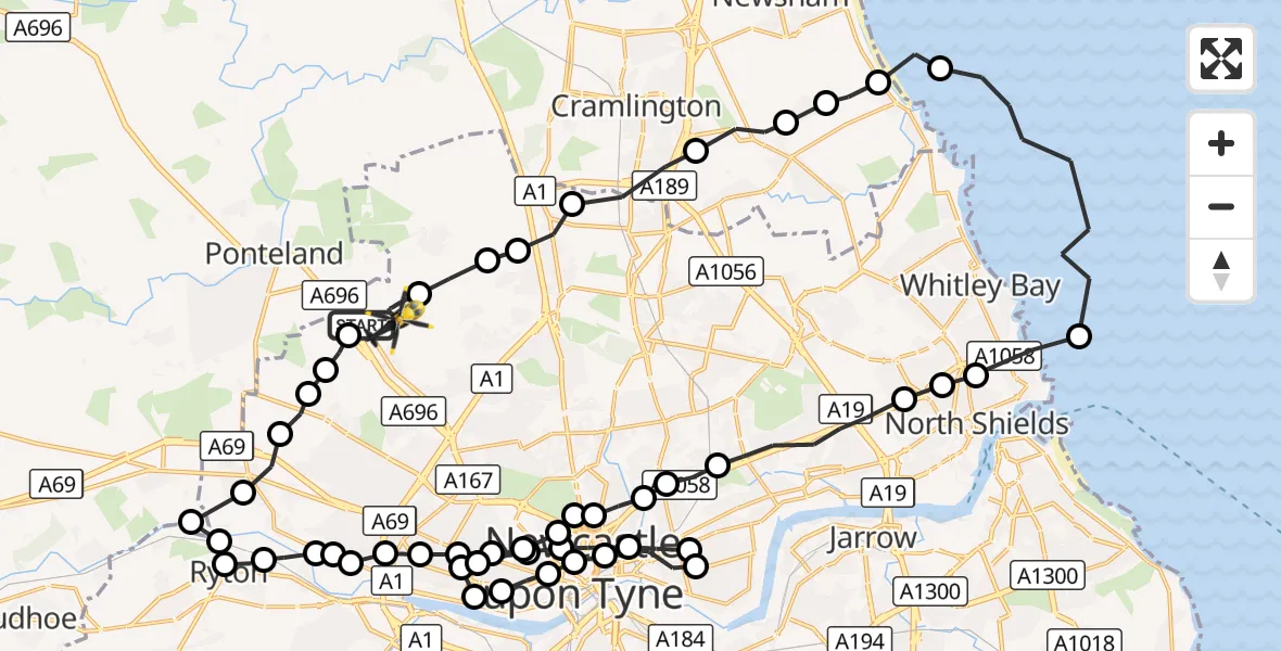 Flight route Police Helicopter Newcastle International Airport - Woolsington, 13 September 2026, 19:40