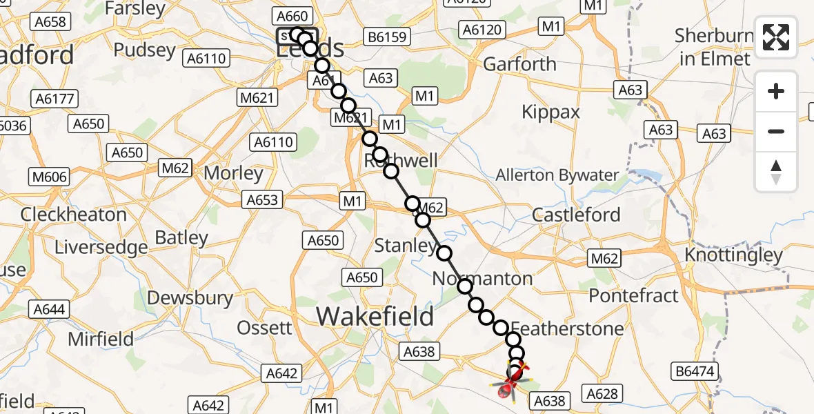 Flight route Air Ambulance Helicopter Woodhouse - YAA Nostell Helicopter Port, 13 September 2026, 19:43