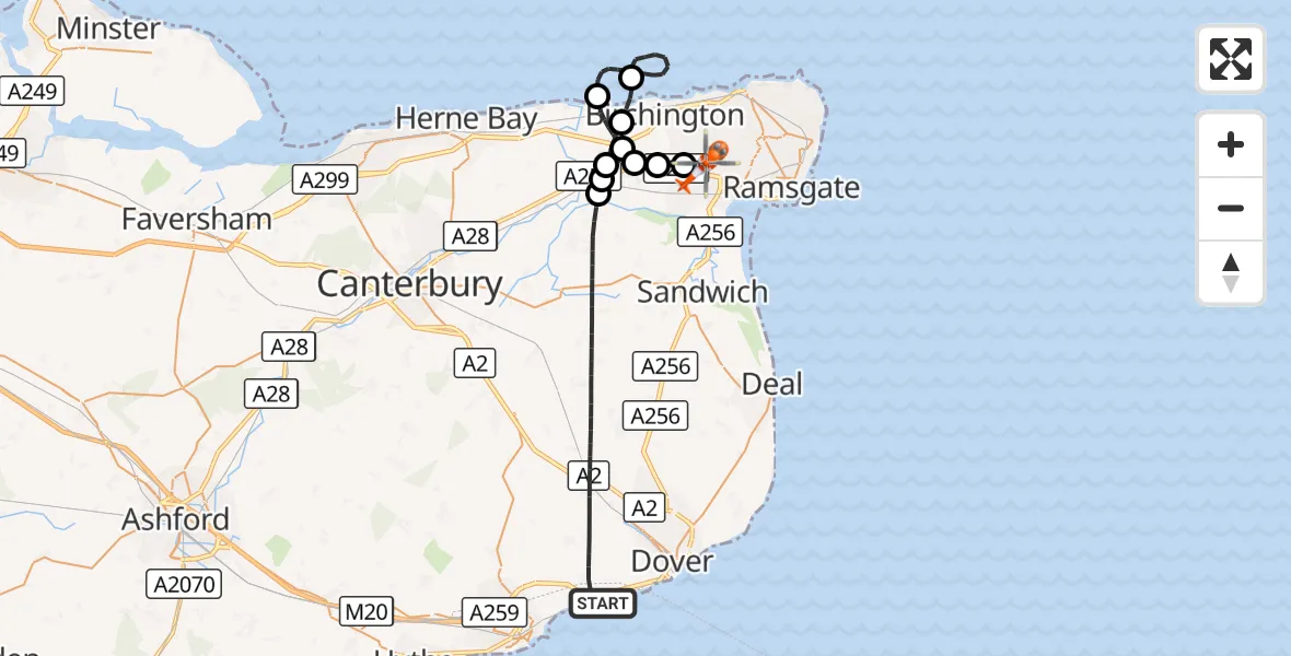 Flight route Coastguard Helicopter Dover - Manston Airport, 13 September 2026, 19:53