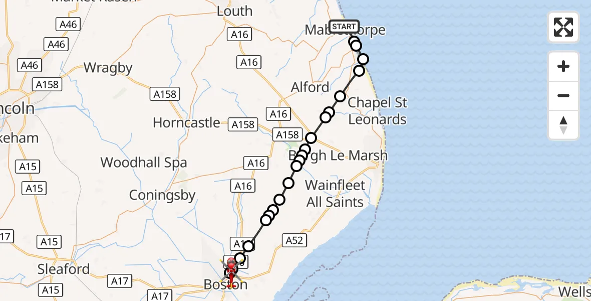 Flight route Air Ambulance Helicopter Mablethorpe - Boston, 13 September 2026, 20:10