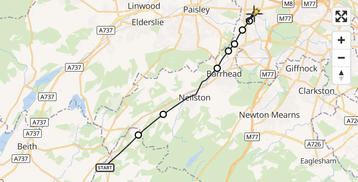Flight route Police Helicopter Lugton - Glasgow, 13 September 2026, 20:27
