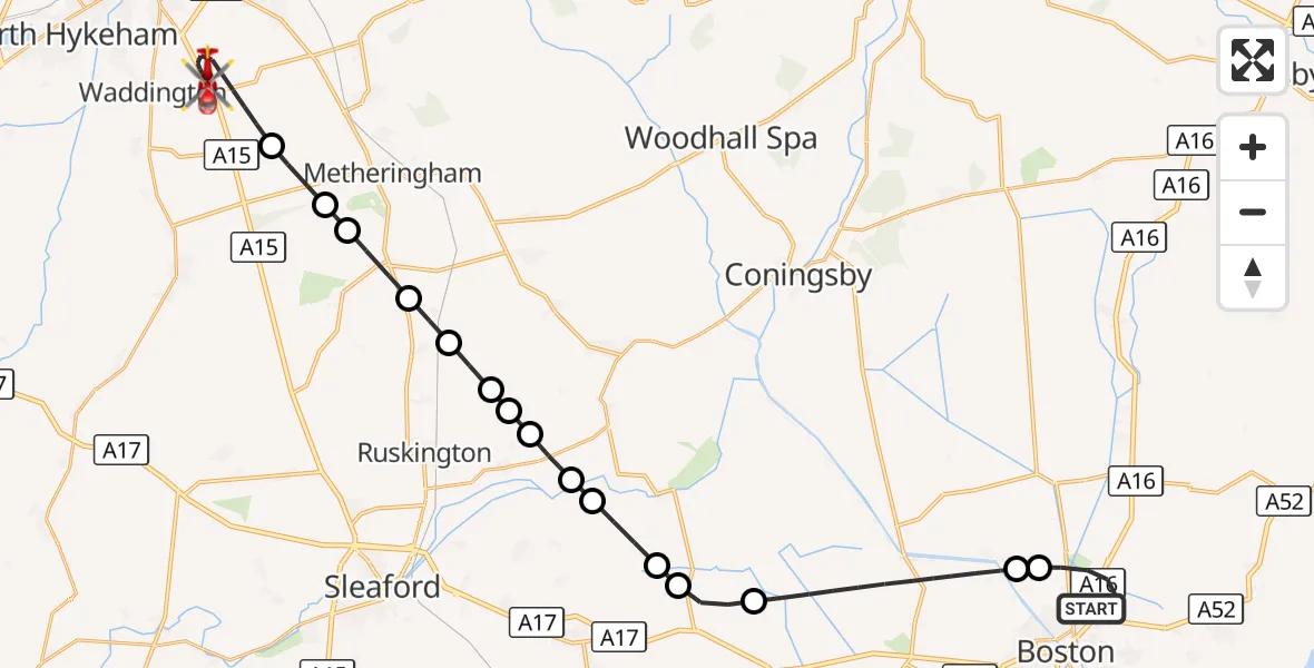 Flight route Air Ambulance Helicopter Boston - North Kesteven, 13 September 2026, 21:12