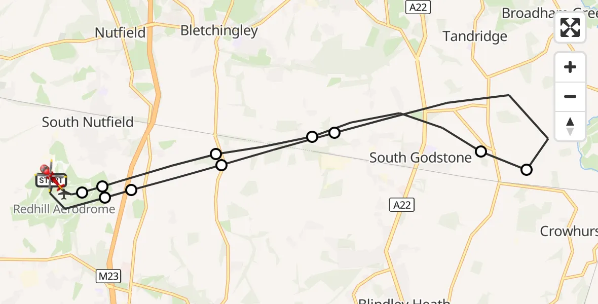 Flight route Air Ambulance Helicopter Redhill Aerodrome - Redhill Aerodrome, 13 September 2026, 21:29