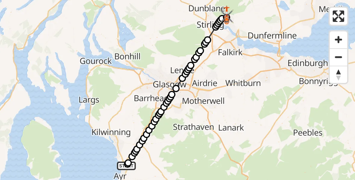 Flight route Coastguard Helicopter Glasgow Prestwick Airport - Alva, 13 September 2026, 21:50