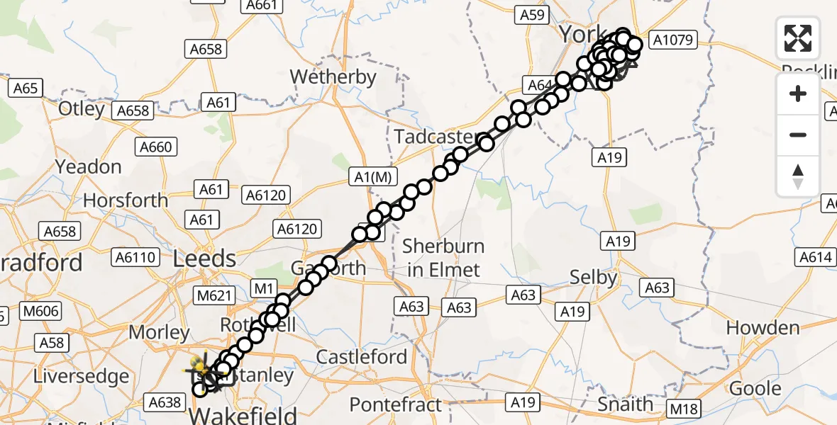 Flight route Police Helicopter Wrenthorpe - East Ardsley, 13 September 2026, 21:53