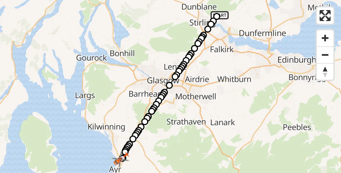 Flight route Coastguard Helicopter Alva - Glasgow Prestwick Airport, 13 September 2026, 22:55