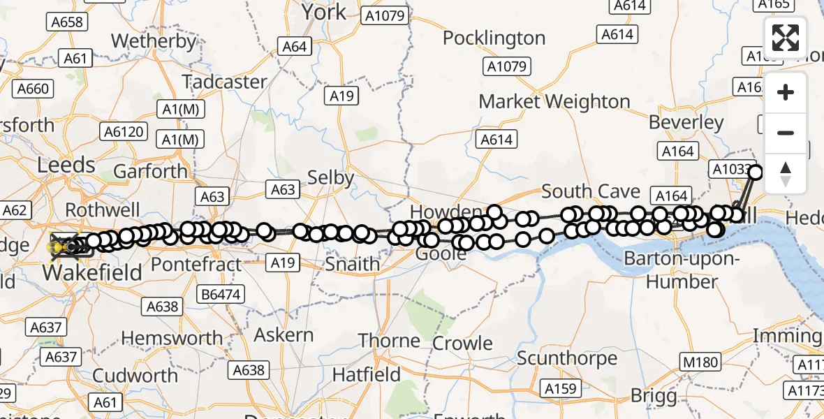 Flight route Police Helicopter Wrenthorpe - Ossett, 14 September 2026, 04:37