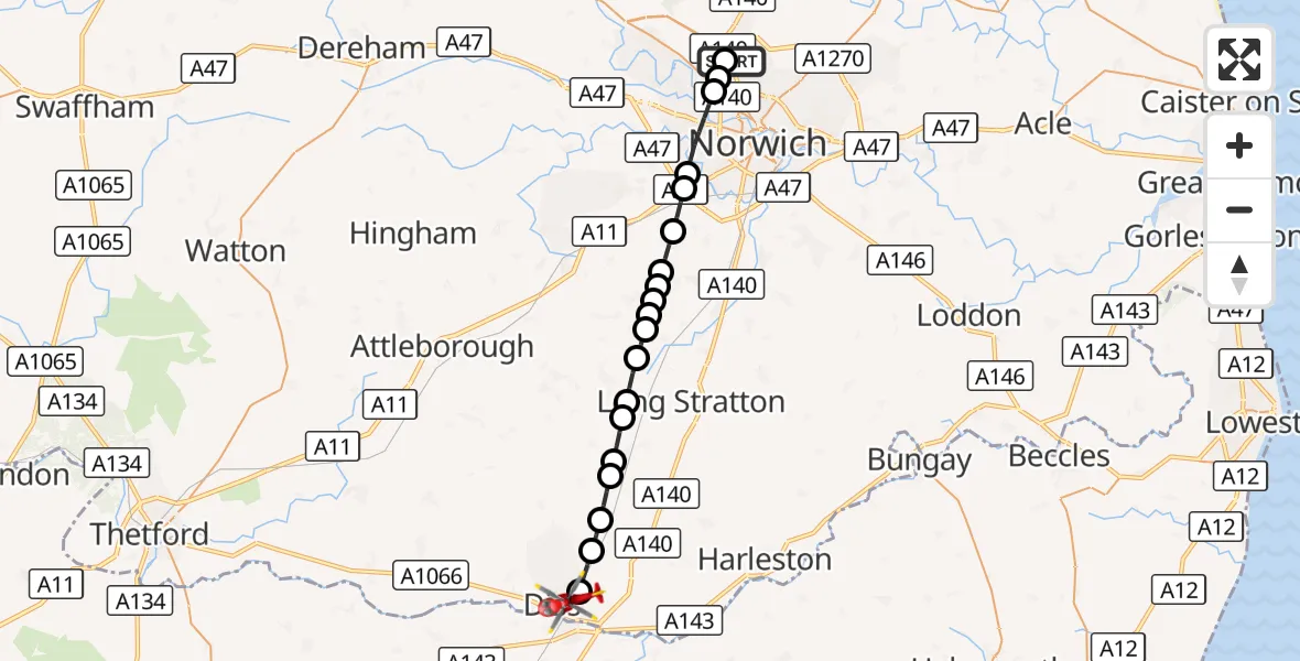 Flight route Air Ambulance Helicopter Norwich Airport - Diss, 14 September 2026, 07:15