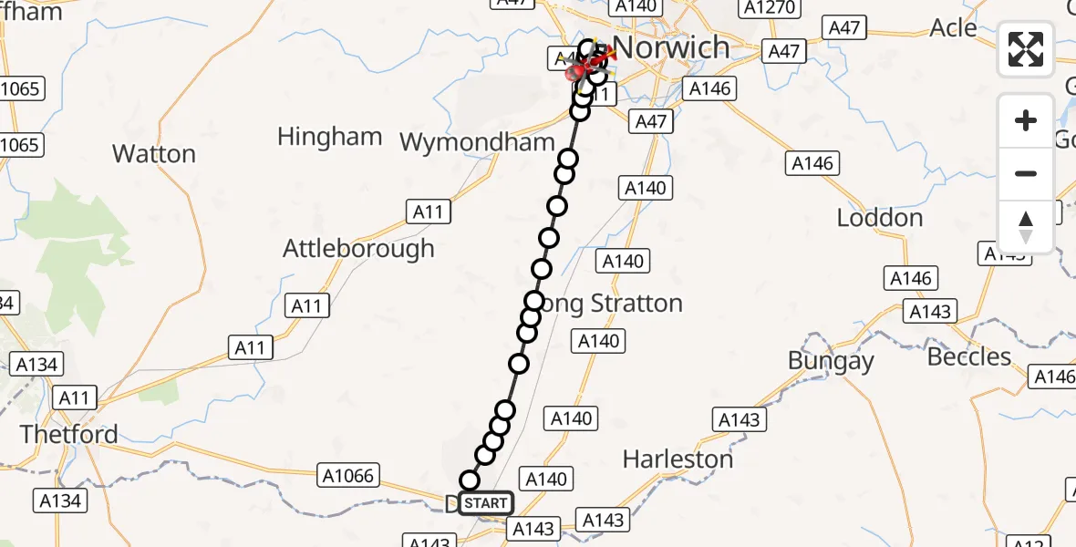 Flight route Air Ambulance Helicopter Diss - Norfolk & Norwich Hospital, 14 September 2026, 08:17