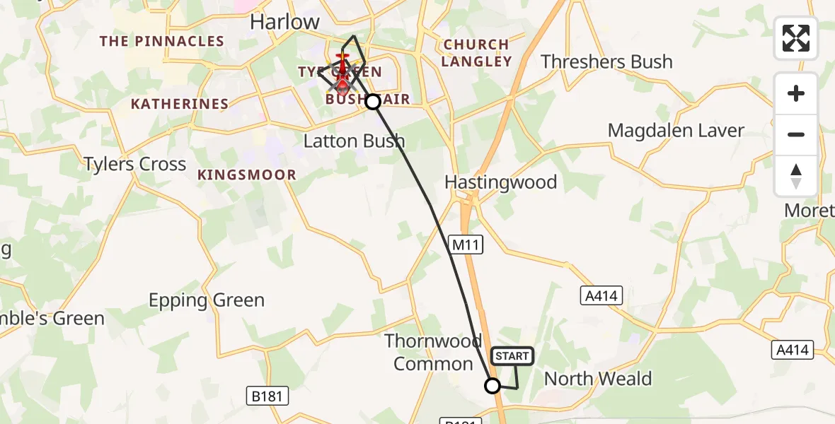 Flight route Air Ambulance Helicopter North Weald Airfield - Harlow, 14 September 2026, 08:39