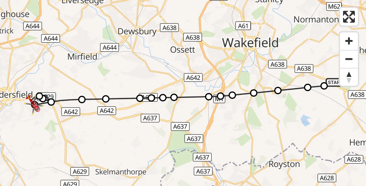 Flight route Air Ambulance Helicopter YAA Nostell Helicopter Port - Almondbury, 14 September 2026, 08:53