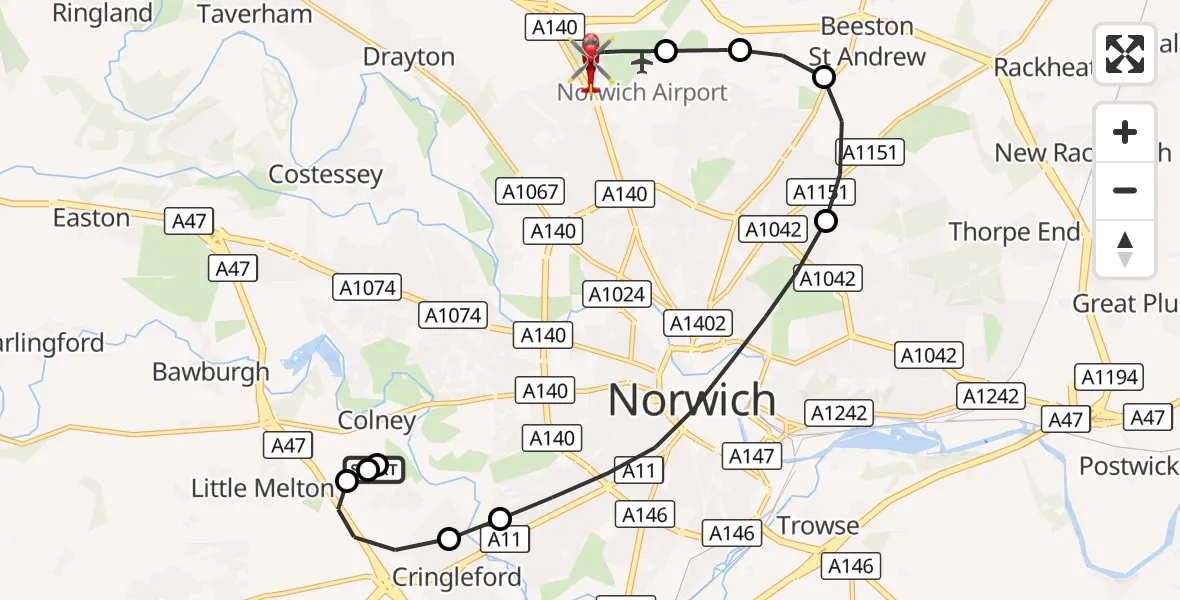 Flight route Air Ambulance Helicopter Norfolk & Norwich Hospital - Norwich Airport, 14 September 2026, 09:20