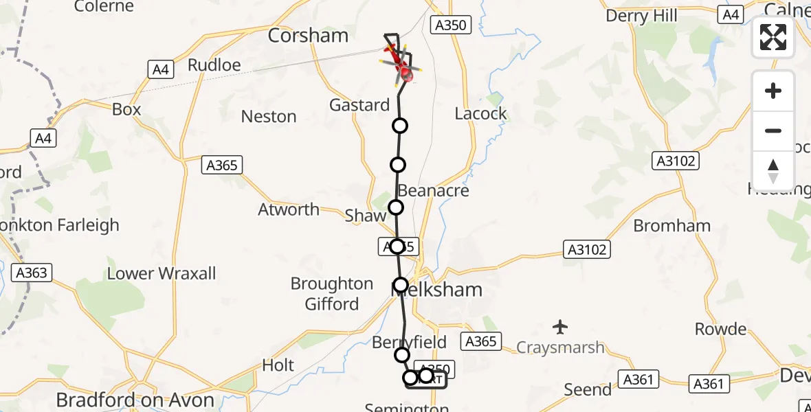 Flight route Air Ambulance Helicopter Wiltshire Air Ambulance - Gastard, 14 September 2026, 09:21