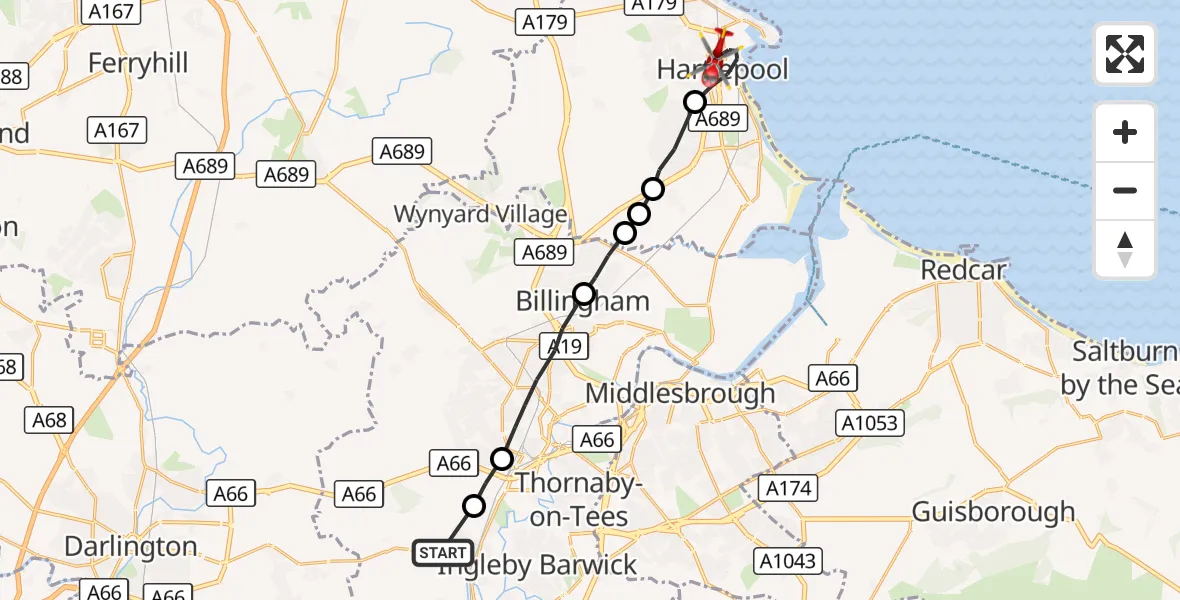 Flight route Air Ambulance Helicopter Egglescliffe - Hartlepool, 14 September 2026, 09:28