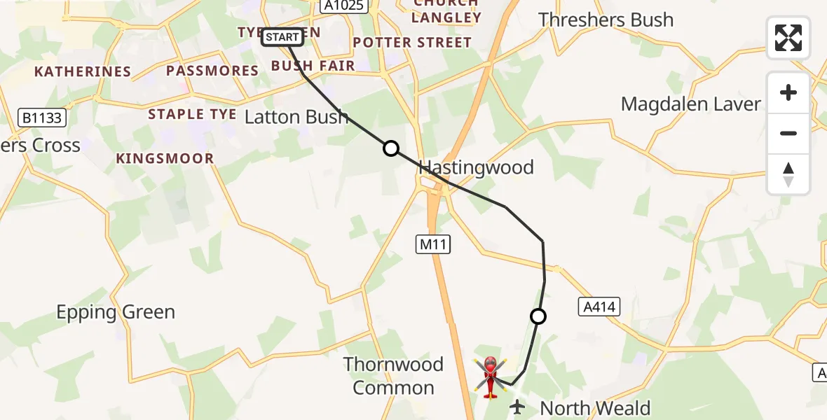 Flight route Air Ambulance Helicopter Harlow - North Weald Airfield, 14 September 2026, 09:40