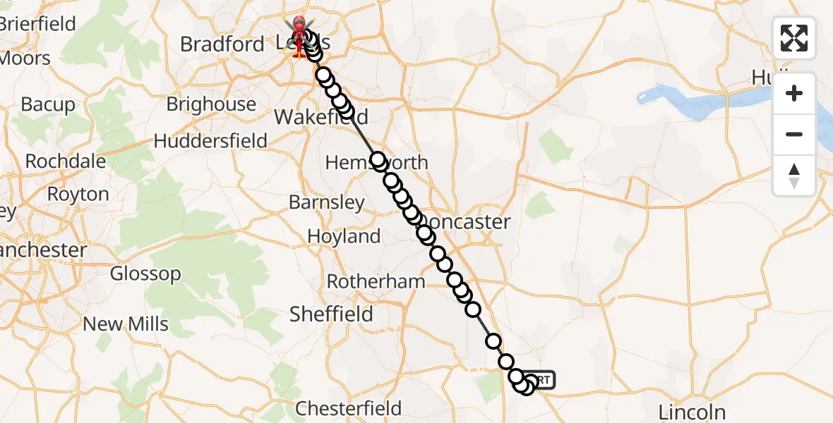 Flight route Air Ambulance Helicopter Retford Gamston Airport - Burley, 14 September 2026, 09:50
