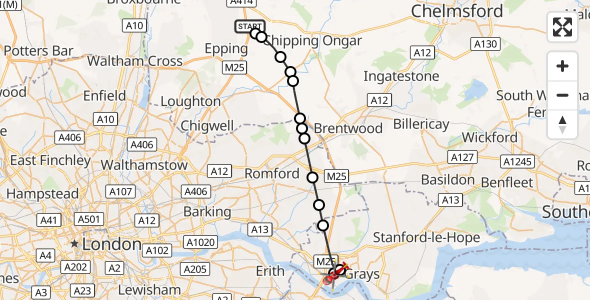 Flight route Air Ambulance Helicopter North Weald Airfield - West Thurrock, 14 September 2026, 09:57