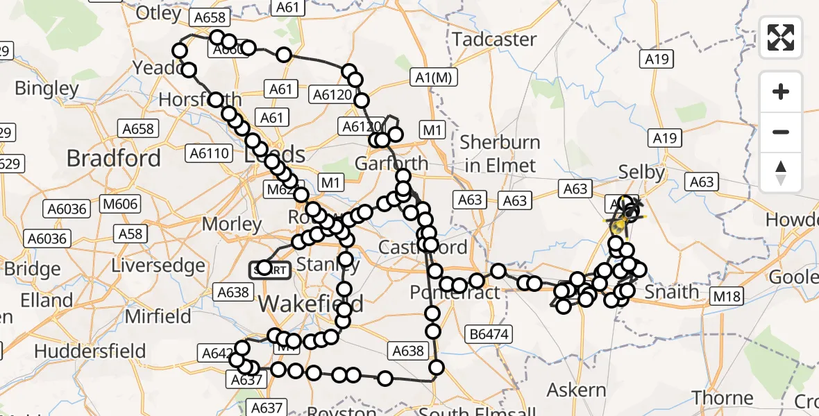 Flight route Police Helicopter East Ardsley - Burn Airfield, 14 September 2026, 10:01