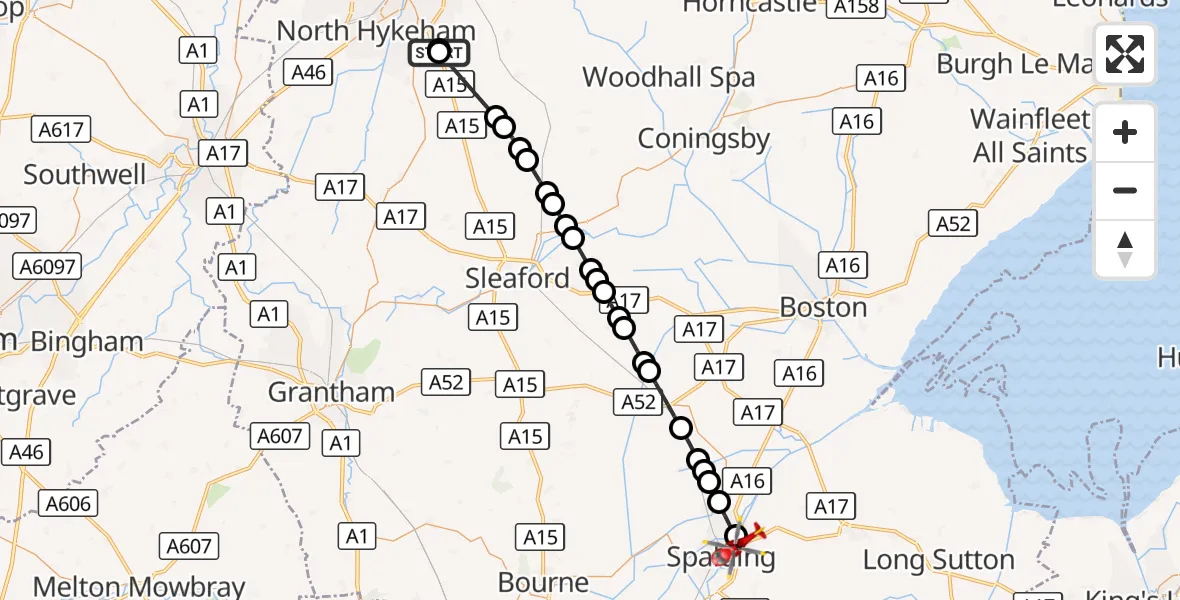 Flight route Air Ambulance Helicopter RAF Waddington - Spalding, 14 September 2026, 10:02