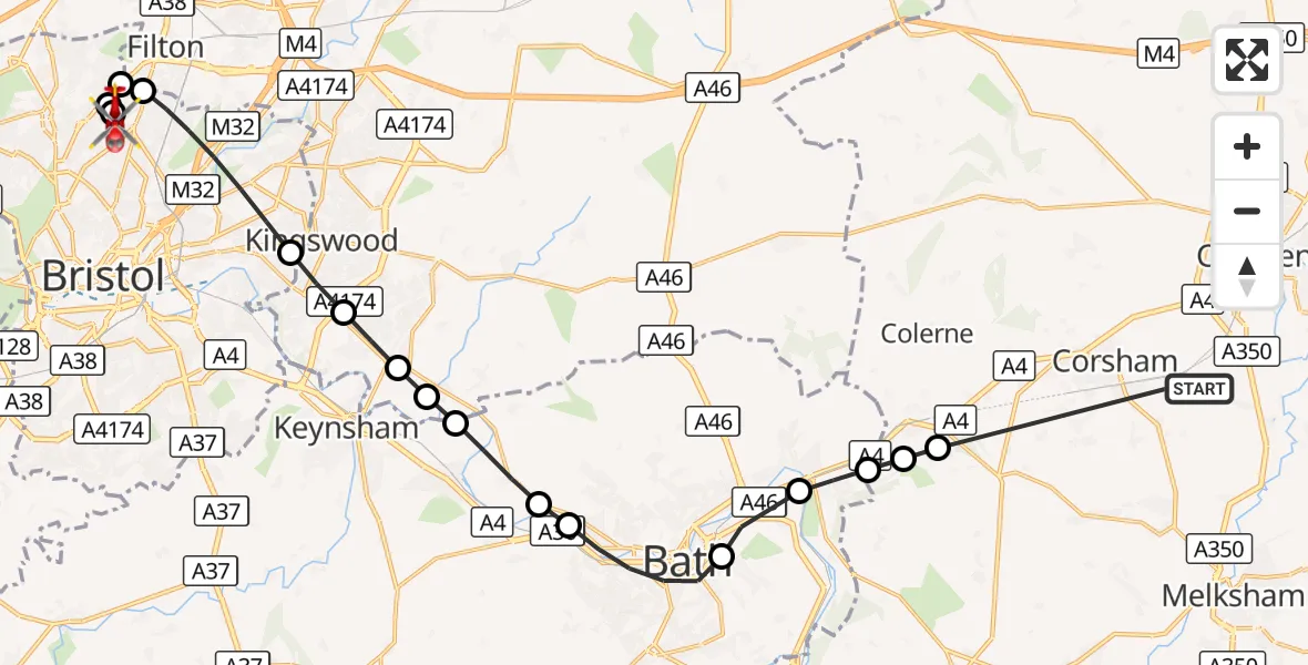 Flight route Air Ambulance Helicopter Gastard - Bristol, 14 September 2026, 10:04
