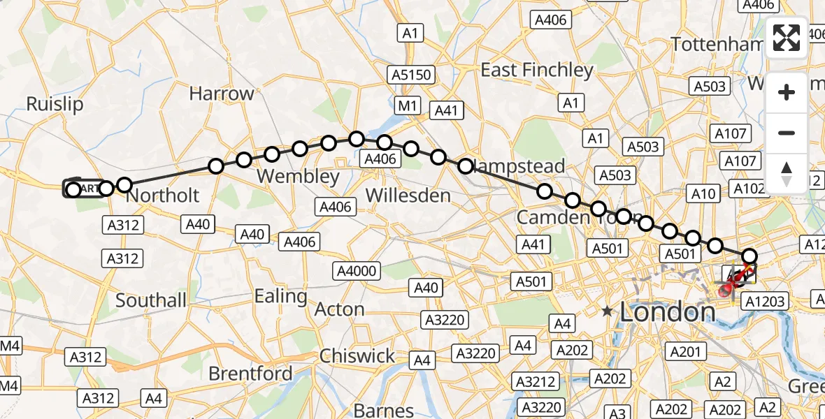 Flight route Air Ambulance Helicopter RAF Northolt - Royal London Hospital, 14 September 2026, 10:11