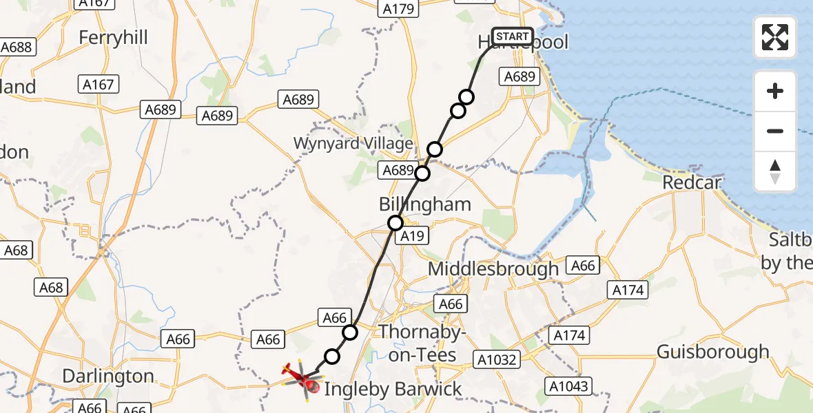 Flight route Air Ambulance Helicopter Hartlepool - Longnewton, 14 September 2026, 10:14