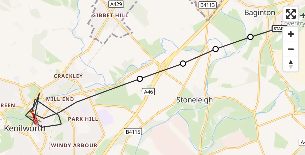 Flight route Air Ambulance Helicopter Coventry Airport - Kenilworth, 14 September 2026, 10:21