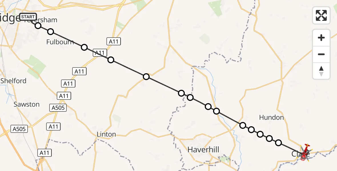 Flight route Air Ambulance Helicopter Cambridge City Airport - Clare, 14 September 2026, 10:23