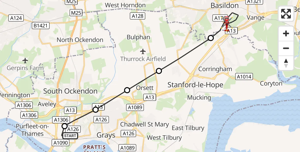 Flight route Air Ambulance Helicopter West Thurrock - Basildon, 14 September 2026, 10:33