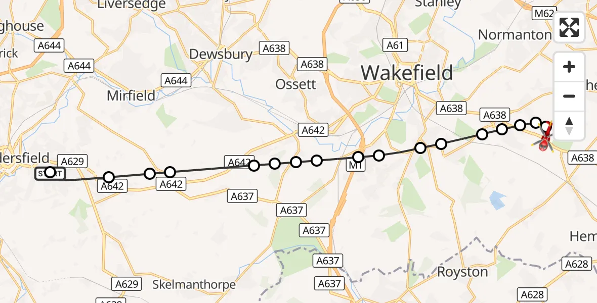 Flight route Air Ambulance Helicopter Almondbury - YAA Nostell Helicopter Port, 14 September 2026, 10:48
