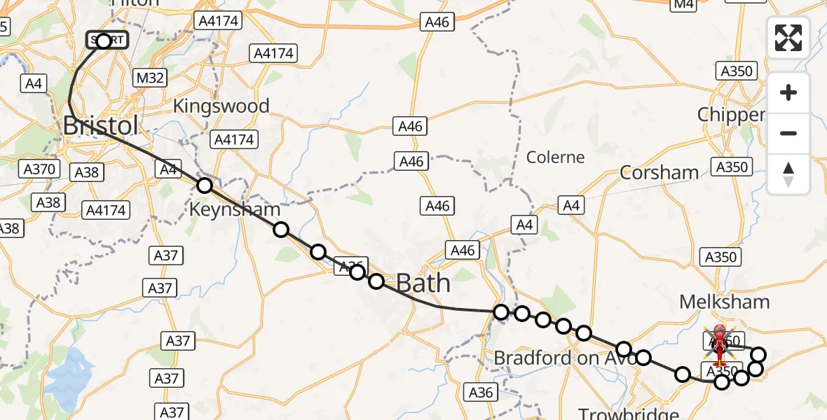 Flight route Air Ambulance Helicopter Southmead Hospital - Wiltshire Air Ambulance, 14 September 2026, 10:59