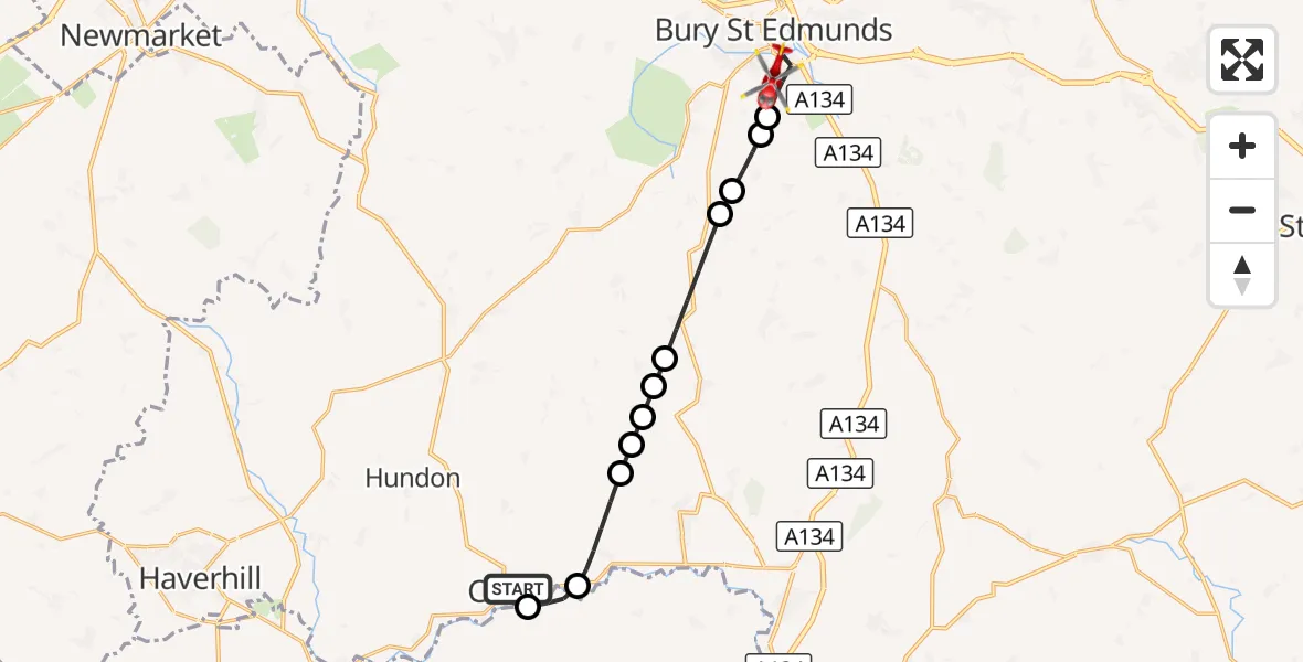 Flight route Air Ambulance Helicopter Clare - West Suffolk Hospital, 14 September 2026, 11:08
