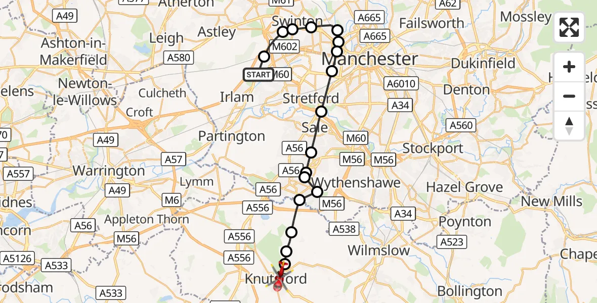 Flight route Air Ambulance Helicopter Manchester Barton Aerodrome - Knutsford, 14 September 2026, 11:13