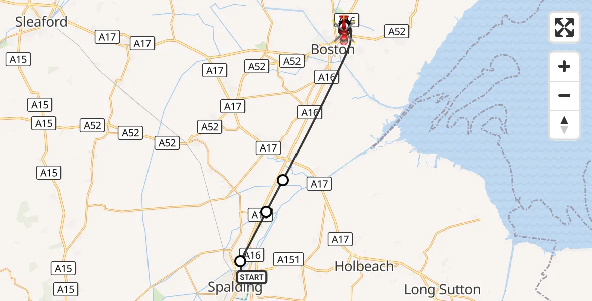 Flight route Air Ambulance Helicopter Spalding - Boston, 14 September 2026, 11:18