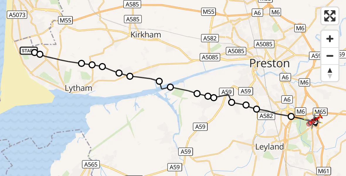 Flight route Air Ambulance Helicopter Blackpool Airport - Chorley, 14 September 2026, 11:39