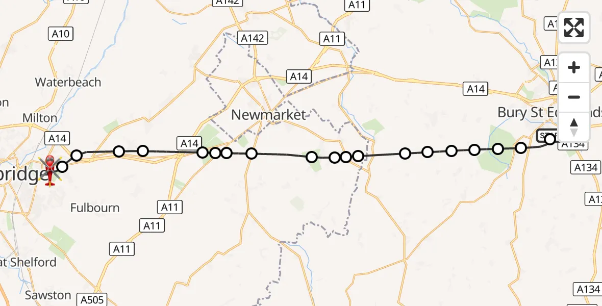 Flight route Air Ambulance Helicopter West Suffolk Hospital - Cambridge City Airport, 14 September 2026, 11:50