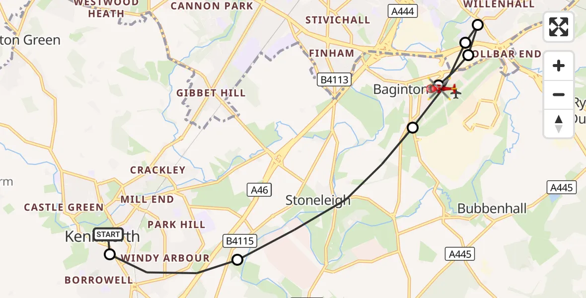 Flight route Air Ambulance Helicopter Kenilworth - Coventry Airport, 14 September 2026, 11:52