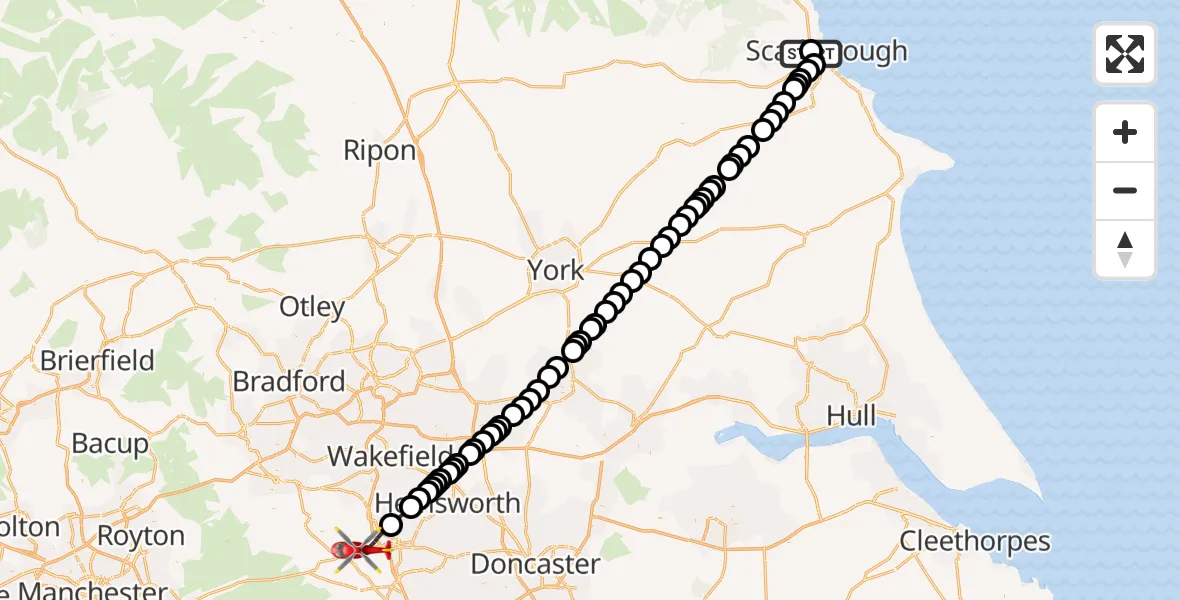 Flight route Air Ambulance Helicopter Newby - Barnsley, 14 September 2026, 11:54