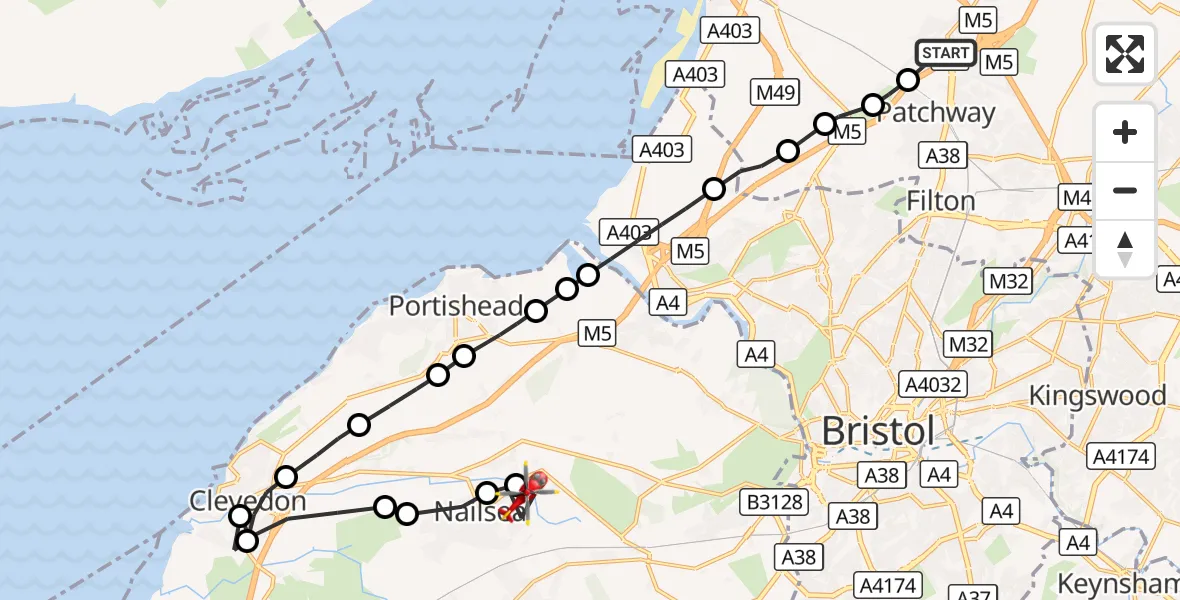 Flight route Air Ambulance Helicopter Almondsbury - Wraxall, 14 September 2026, 12:00