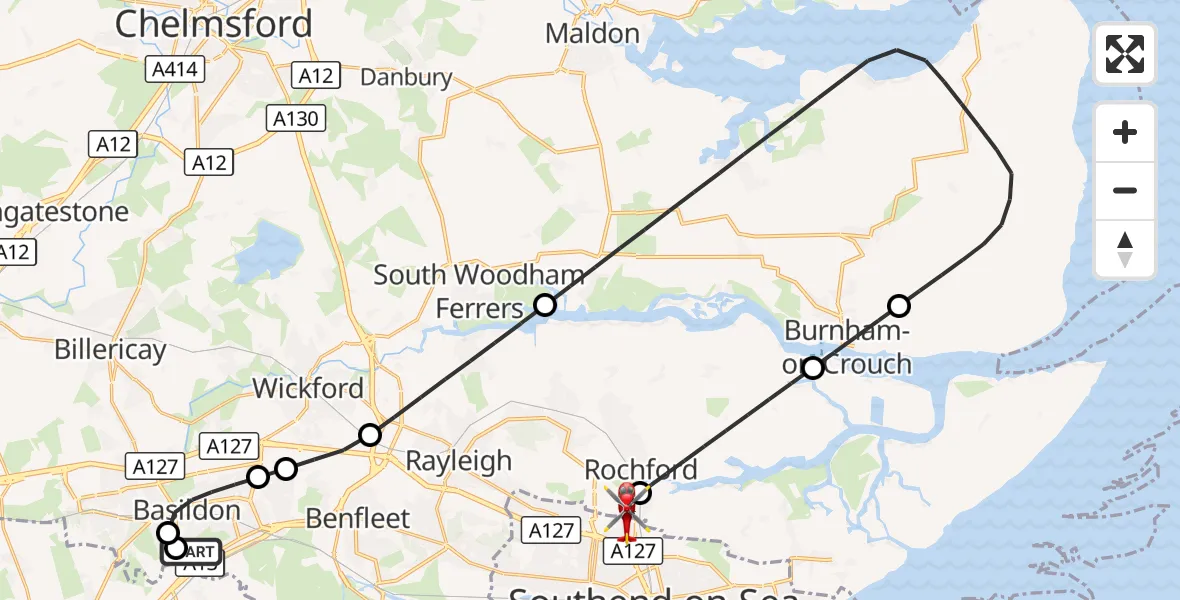 Flight route Air Ambulance Helicopter Basildon - London Southend Airport, 14 September 2026, 12:00