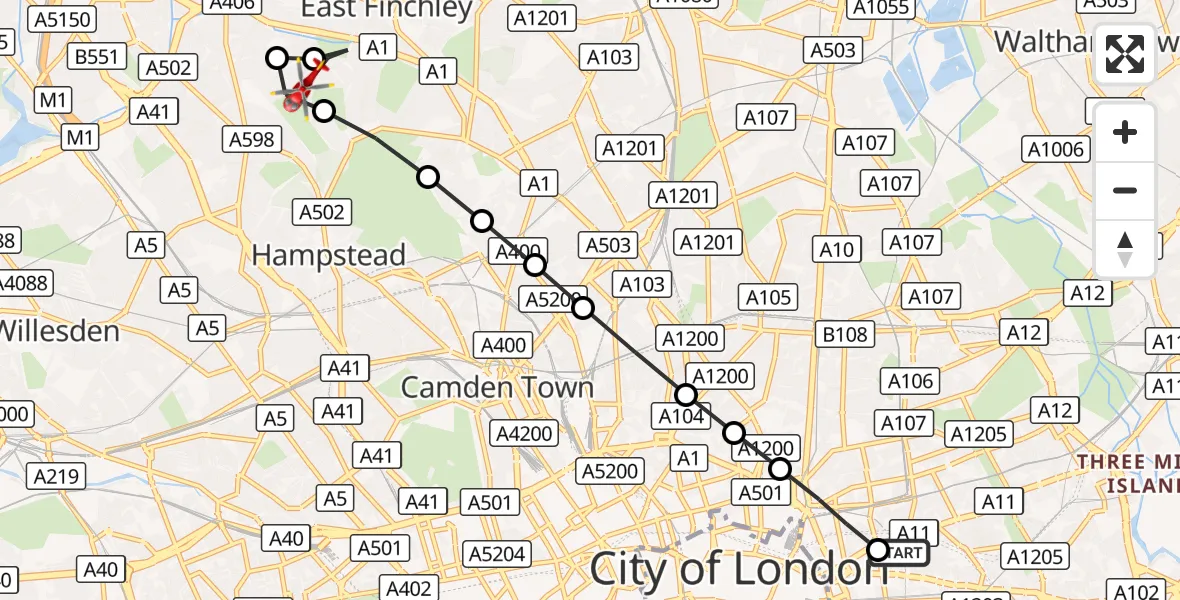 Flight route Air Ambulance Helicopter Royal London Hospital - Hampstead Garden Suburb, 14 September 2026, 12:01