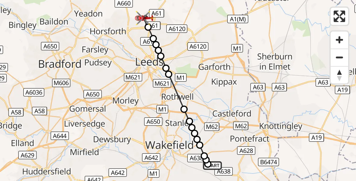 Flight route Air Ambulance Helicopter YAA Nostell Helicopter Port - Alwoodley, 14 September 2026, 12:22